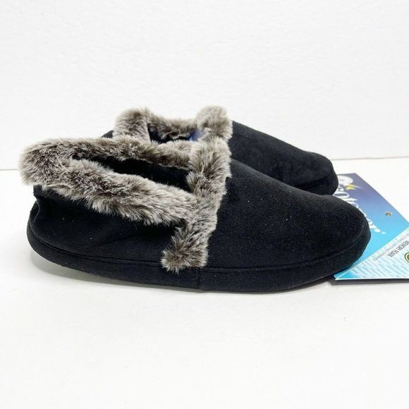 Isotoner Black Loafer Slippers L 8-9 Gray Faux Fur Cushioned Memory Foam Cozy - Picture 2 of 5